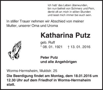 Traueranzeige von Katharina Putz von  Wormser Zeitung