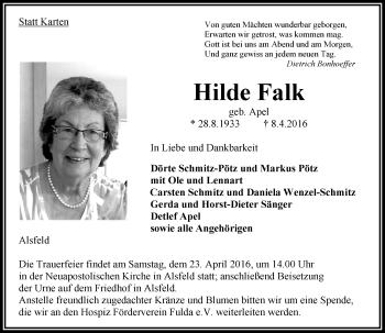 Traueranzeige von Hilde Falk von VRM Trauer