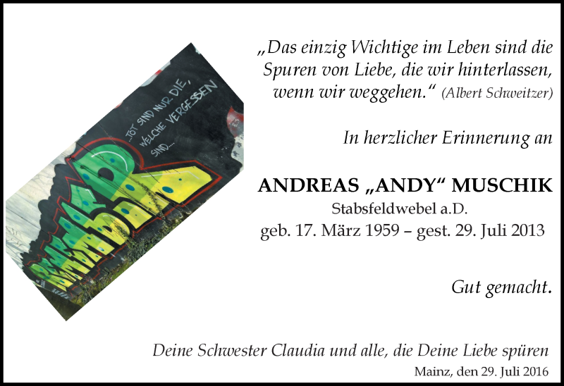  Traueranzeige für Andreas Muschik vom 29.07.2016 aus Trauerportal Rhein Main Presse