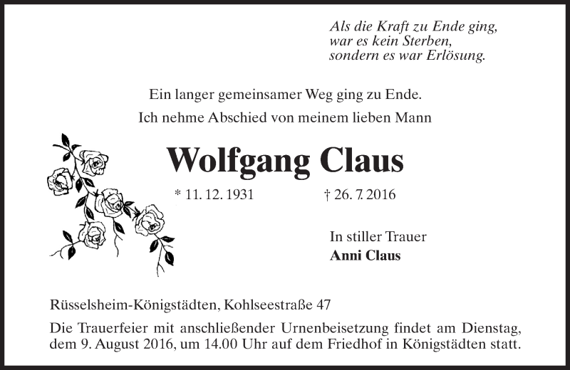  Traueranzeige für Wolfgang Claus vom 30.07.2016 aus Trauerportal Rhein Main Presse
