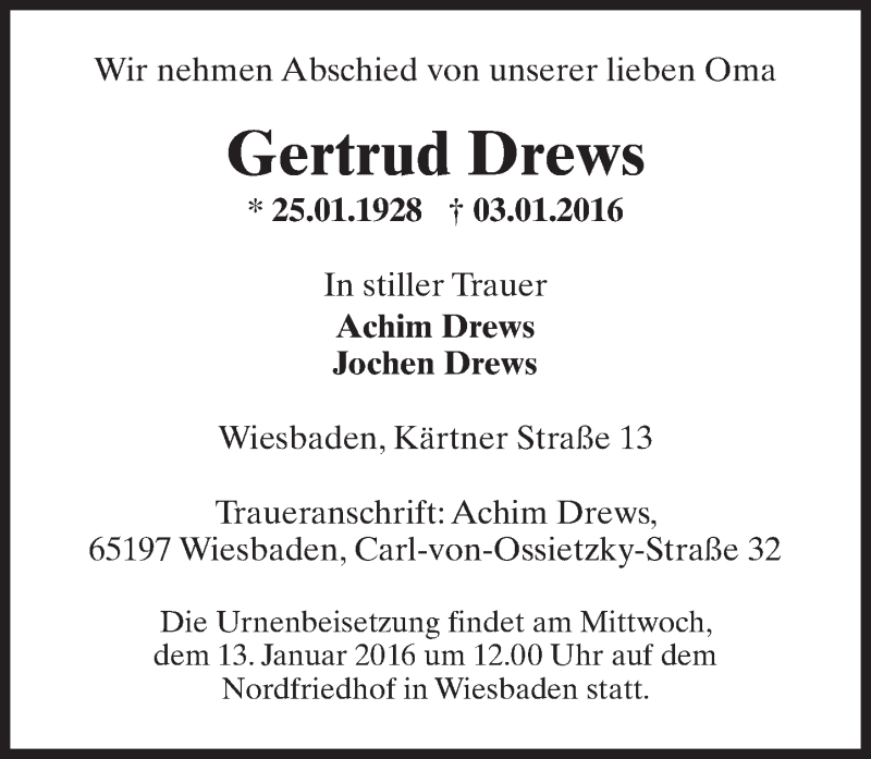  Traueranzeige für Gertrud Drews vom 09.01.2016 aus  Wiesbaden komplett
