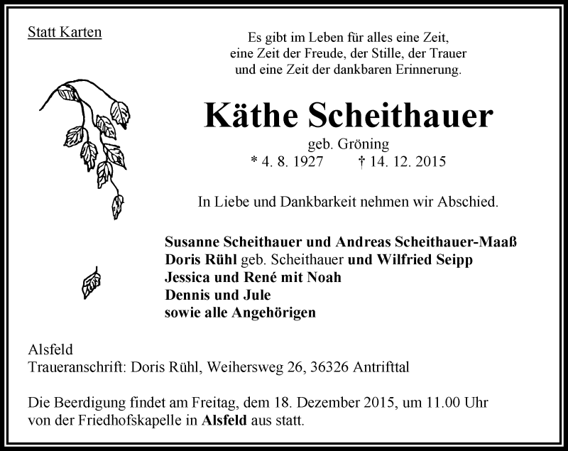  Traueranzeige für Käthe Scheithauer vom 16.12.2015 aus VRM Trauer
