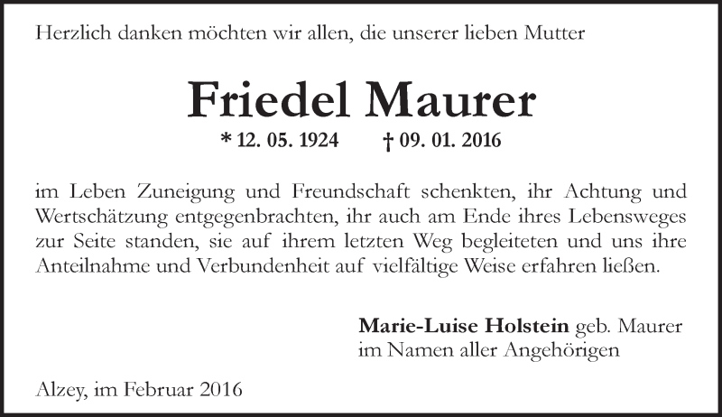  Traueranzeige für Friedel Maurer vom 11.02.2016 aus  Allgemeine Zeitung Alzey