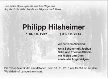 Traueranzeige von Philipp Hilsheimer von  Bürstädter Zeitung