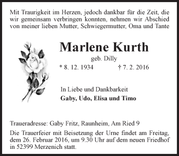 Traueranzeige von Marlene Kurth von  Mainspitze