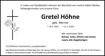 Traueranzeige von Gretel Höhne von  Allgemeine Zeitung Mainz