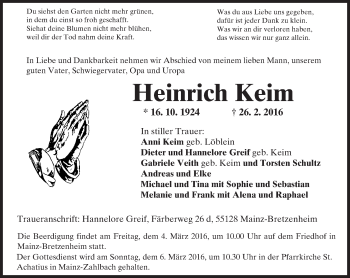 Traueranzeige von Heinrich Keim von  Allgemeine Zeitung Mainz
