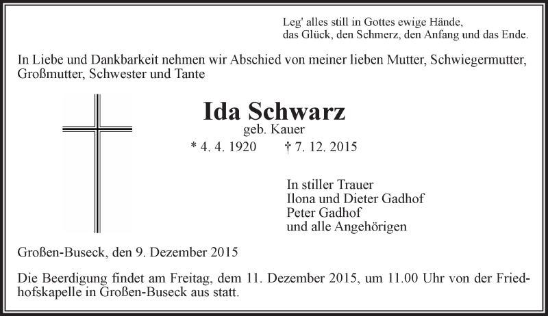  Traueranzeige für Ida Schwarz vom 09.12.2015 aus  Gießener Anzeiger