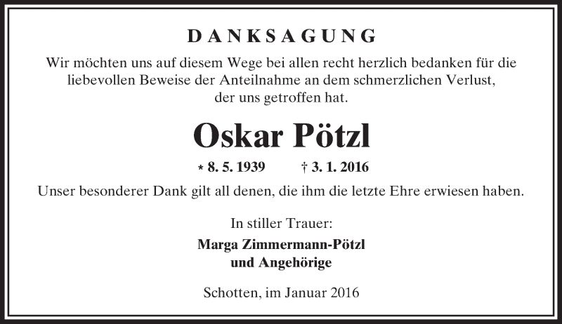  Traueranzeige für Oskar Pötzl vom 30.01.2016 aus  Sonntags Anzeiger