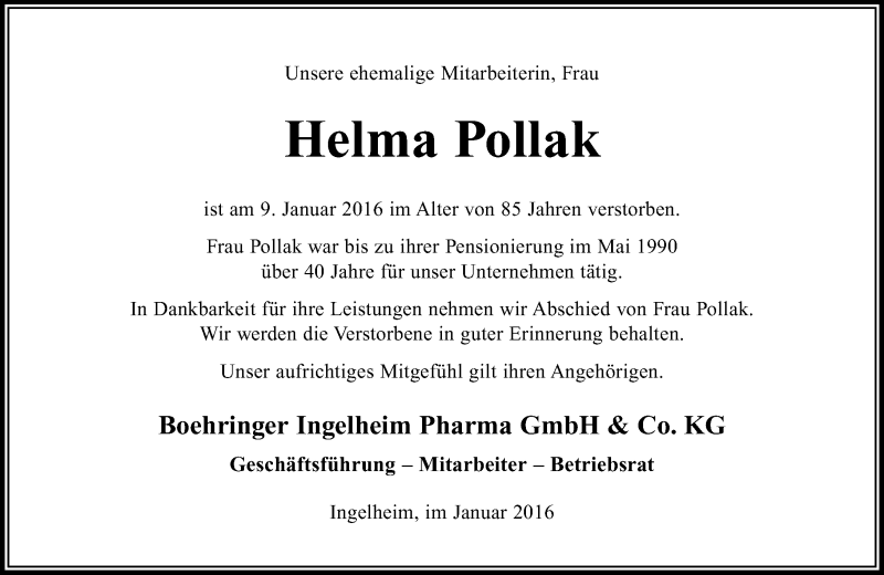  Traueranzeige für Helma Pollak vom 23.01.2016 aus trauer.rmp.de