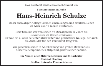 Traueranzeige von Hans-Heinrich Schulze von  WK-UTA/Aar-Bote
