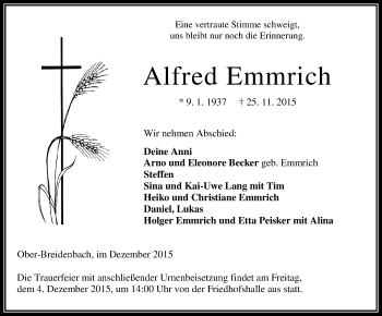 Traueranzeige von Alfred Emmrich von VRM Trauer