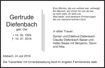 Traueranzeige von Gertrude Diefenbach von Trauerportal Echo Online