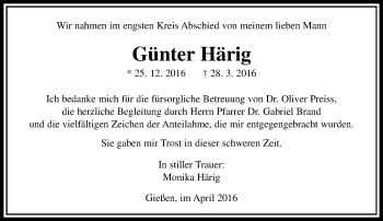 Traueranzeige von Günter Härig von  Gießener Anzeiger