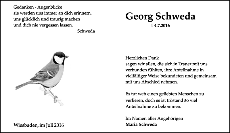  Traueranzeige für Georg Schweda vom 30.07.2016 aus Trauerportal Rhein Main Presse
