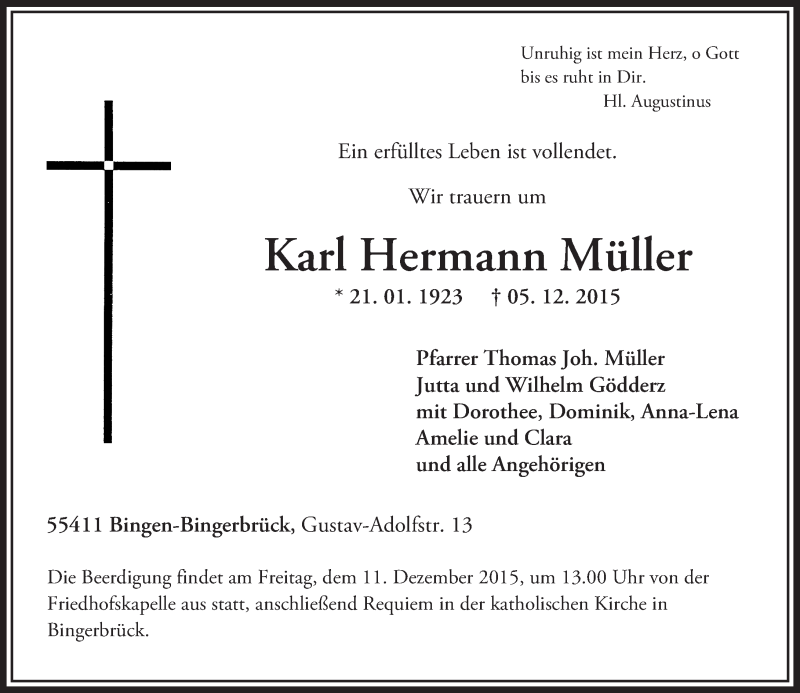  Traueranzeige für Karl Hermann Müller vom 08.12.2015 aus  Allgemeine  Zeitung Ingelheim-Bingen