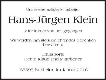 Traueranzeige von Hans-Jürgen Klein von trauer.rmp.de