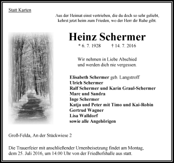Traueranzeige von Heinz Schermer von VRM Trauer