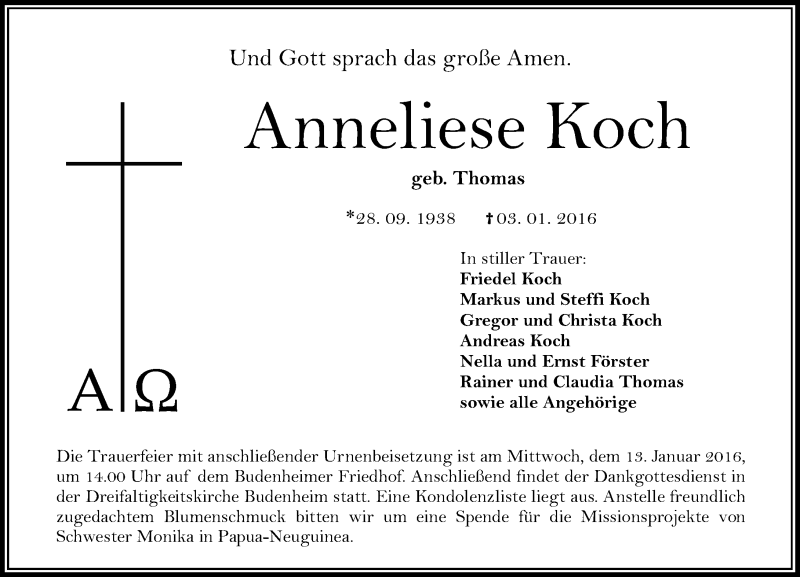  Traueranzeige für Anneliese Koch vom 09.01.2016 aus  Landskrone