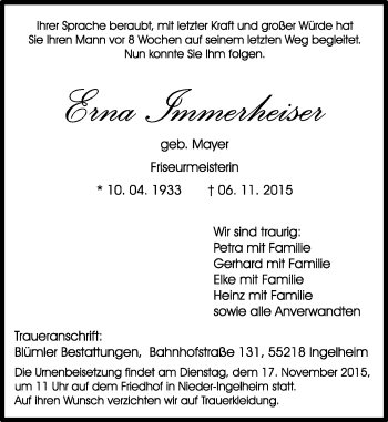 Traueranzeige von Erna Immerheiser von  Allgemeine  Zeitung Ingelheim-Bingen