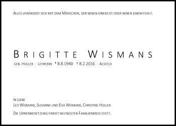 Traueranzeige von Brigitte Wismans von VRM Trauer