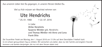Traueranzeige von Ute Hendrichs von Trauerportal Echo Online