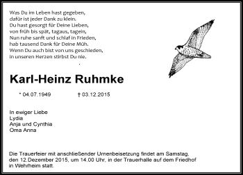 Traueranzeige von Karl-Heinz Ruhmke von  Usinger Anzeiger
