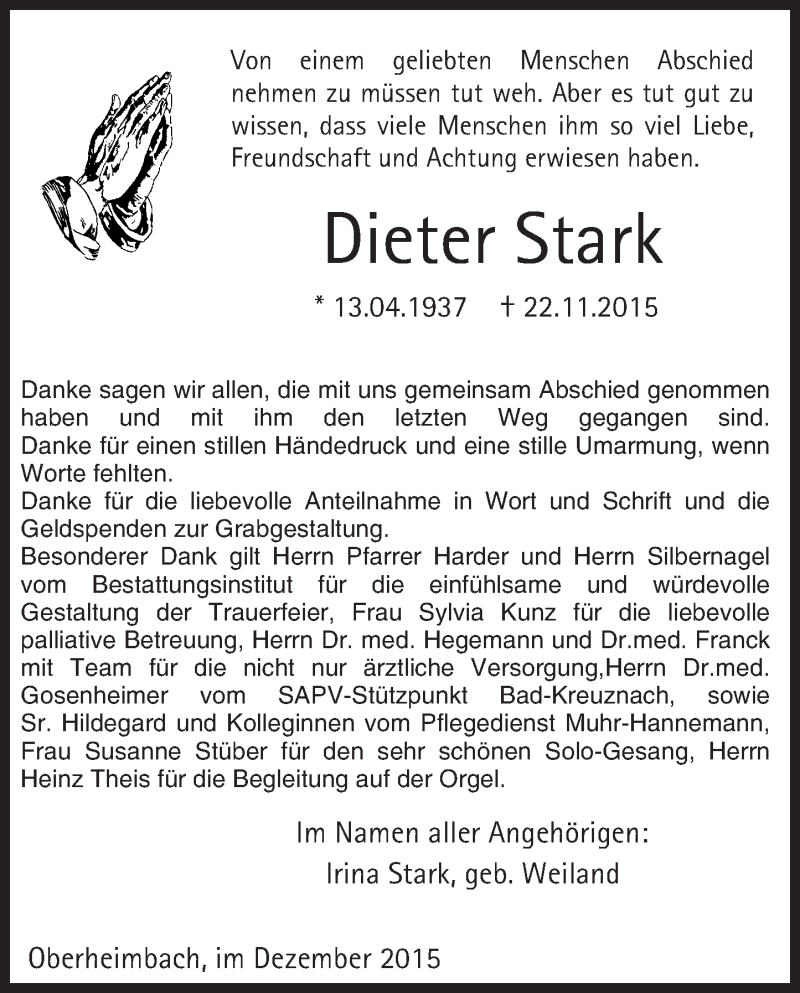  Traueranzeige für Dieter Stark vom 09.01.2016 aus  Mainspitze
