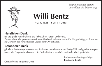 Traueranzeige von Willi Bentz von  Allgemeine Zeitung Mainz