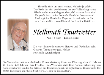 Traueranzeige von Hellmuth Trautvetter von  Allgemeine  Zeitung Ingelheim-Bingen