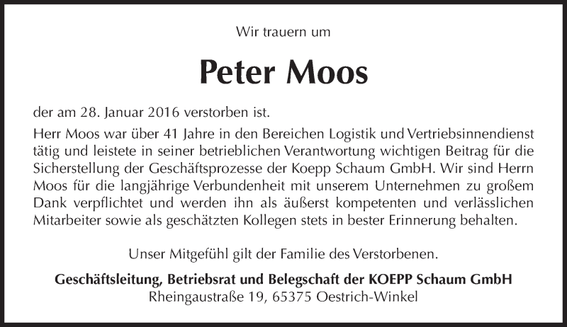  Traueranzeige für Peter Moos vom 03.02.2016 aus trauer.rmp.de