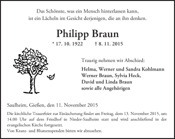 Traueranzeige von Philipp Braun von  Allgemeine Zeitung Alzey