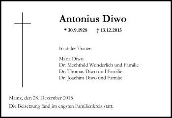 Traueranzeige von Antonius Diwo von  Allgemeine Zeitung Mainz