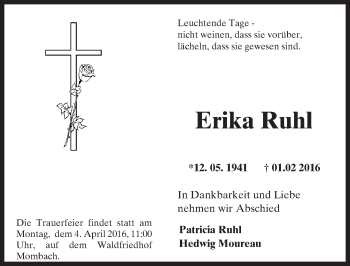 Traueranzeige von Erika Ruhl von  Allgemeine Zeitung Mainz