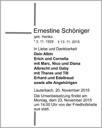 Traueranzeige von Ernestine Schöniger von VRM Trauer