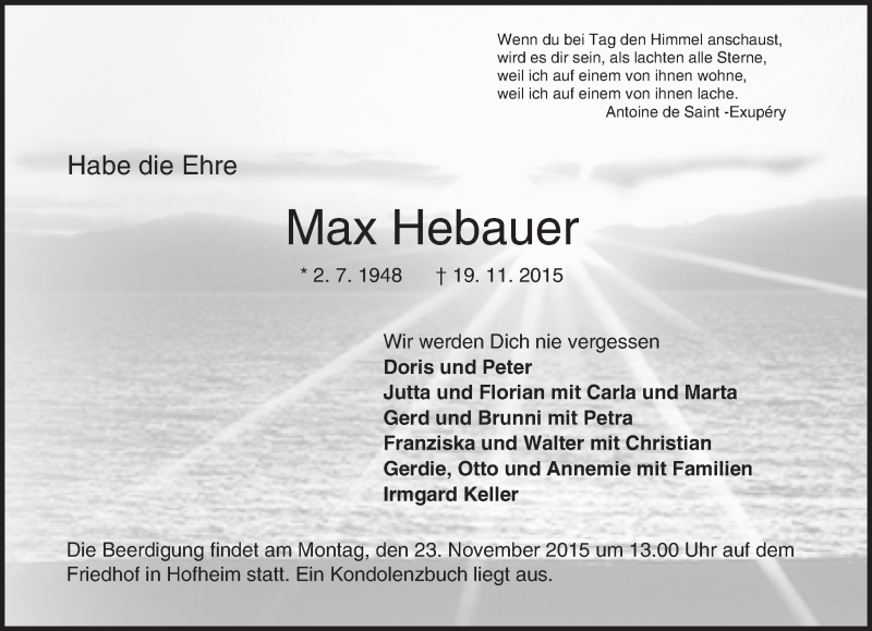  Traueranzeige für Max Hebauer vom 21.11.2015 aus  Bürstädter Zeitung