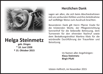 Traueranzeige von Helga Steinmetz von  Idsteiner Zeitung