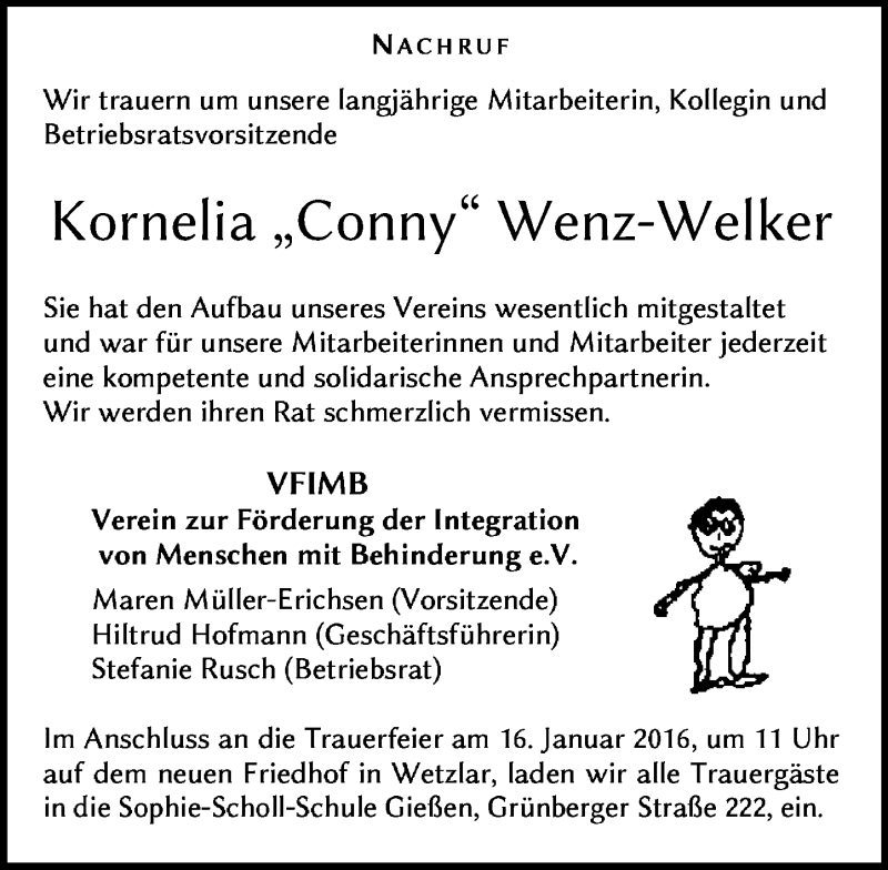  Traueranzeige für Kornelia Wenz-Welker vom 14.01.2016 aus  Gießener Anzeiger