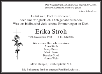 Traueranzeige von Erika Stroh von  Usinger Anzeiger