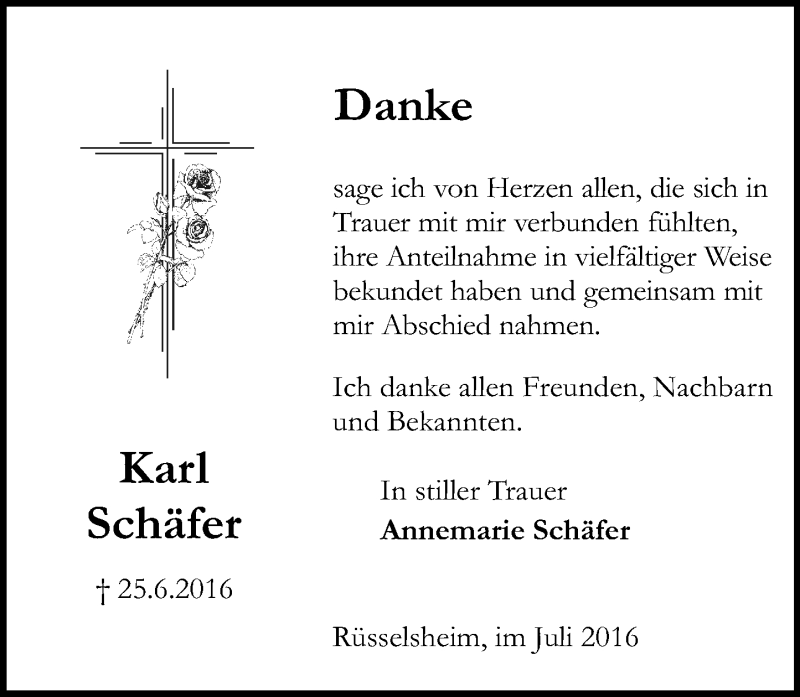  Traueranzeige für Karl Schäfer vom 23.07.2016 aus Trauerportal Rhein Main Presse