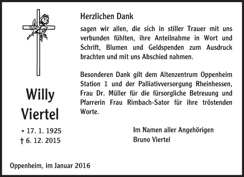 Traueranzeige für Willy Viertel vom 16.01.2016 aus  Landskrone