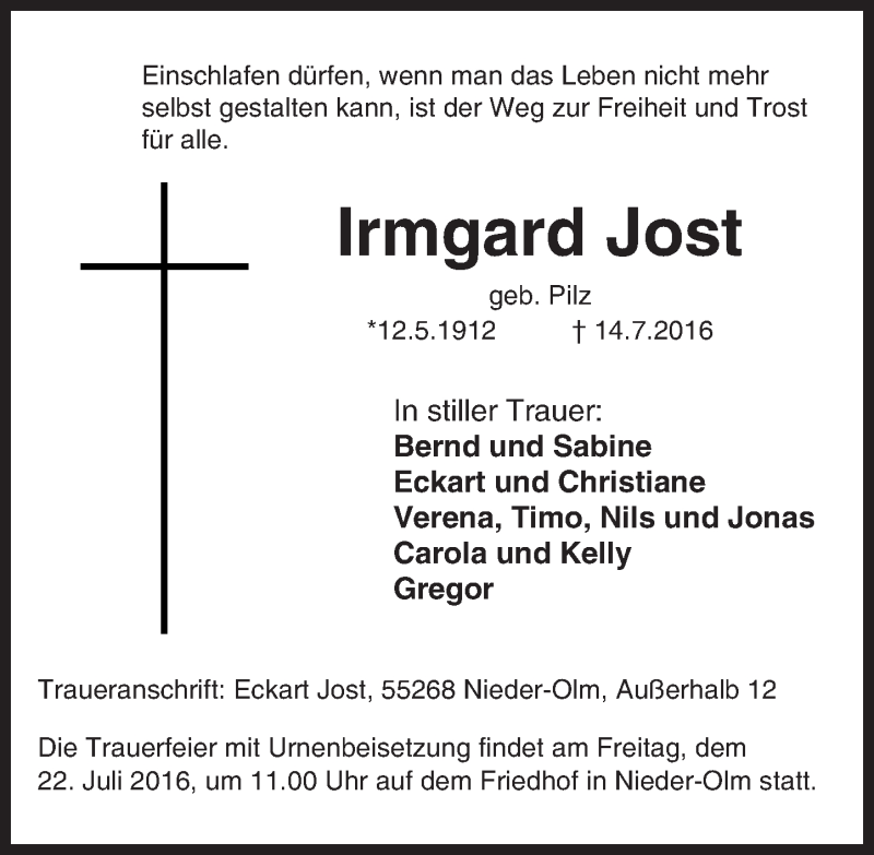  Traueranzeige für Irmgard Jost vom 19.07.2016 aus Trauerportal Rhein Main Presse
