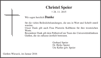 Traueranzeige von Christel Speier von  Gießener Anzeiger