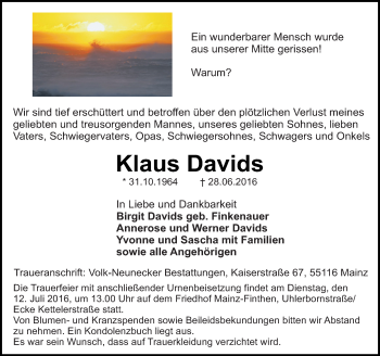 Traueranzeige von Klaus Davids von Trauerportal Rhein Main Presse