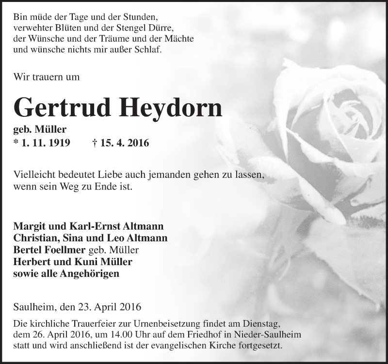  Traueranzeige für Gertrud Heydorn vom 23.04.2016 aus  Allgemeine Zeitung Mainz