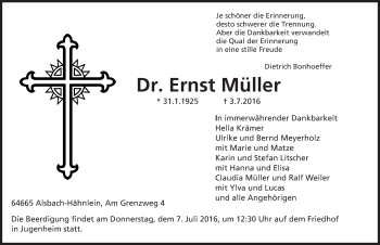 Traueranzeige von Ernst Müller von Trauerportal Echo Online