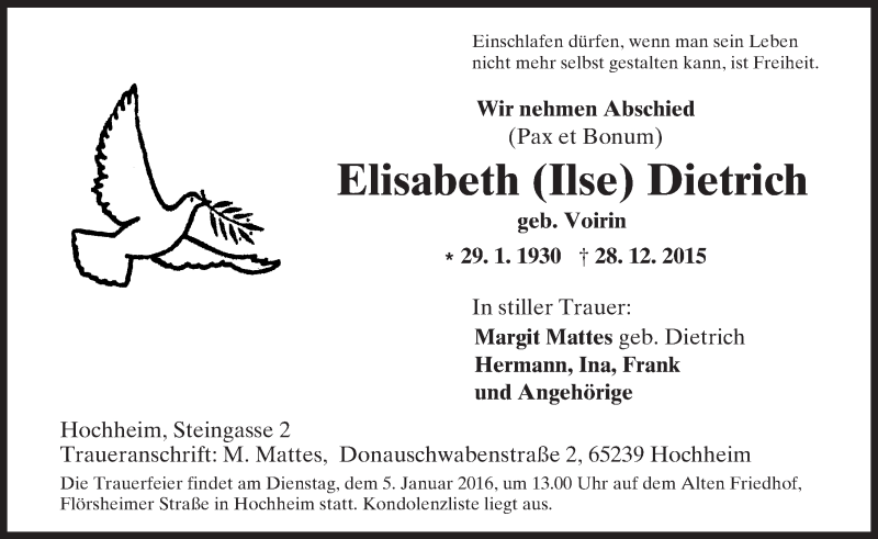  Traueranzeige für Elisabeth Dietrich vom 02.01.2016 aus  Allgemeine Zeitung Mainz
