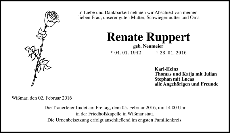  Traueranzeige für Renate Ruppert vom 02.02.2016 aus  Gießener Anzeiger