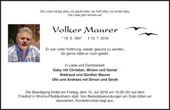 Traueranzeige von Volker Maurer von Trauerportal Rhein Main Presse