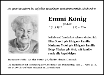Traueranzeige von Emmi König von  Idsteiner Zeitung